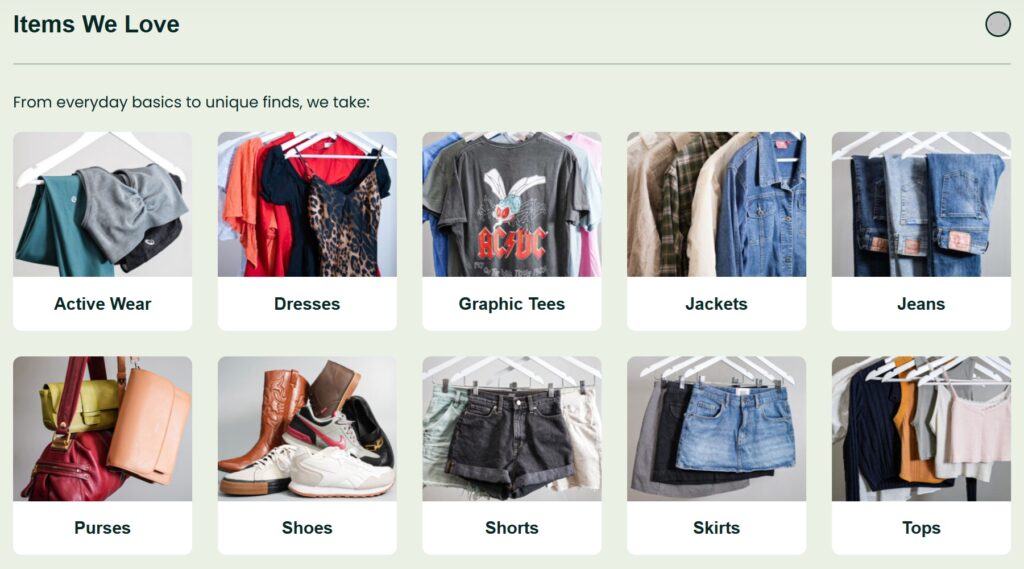 "Items We Love" grid showing accepted categories: Active Wear, Dresses, Graphic Tees, Jackets, Jeans, Purses, Shoes, Shorts, Skirts, and Tops.